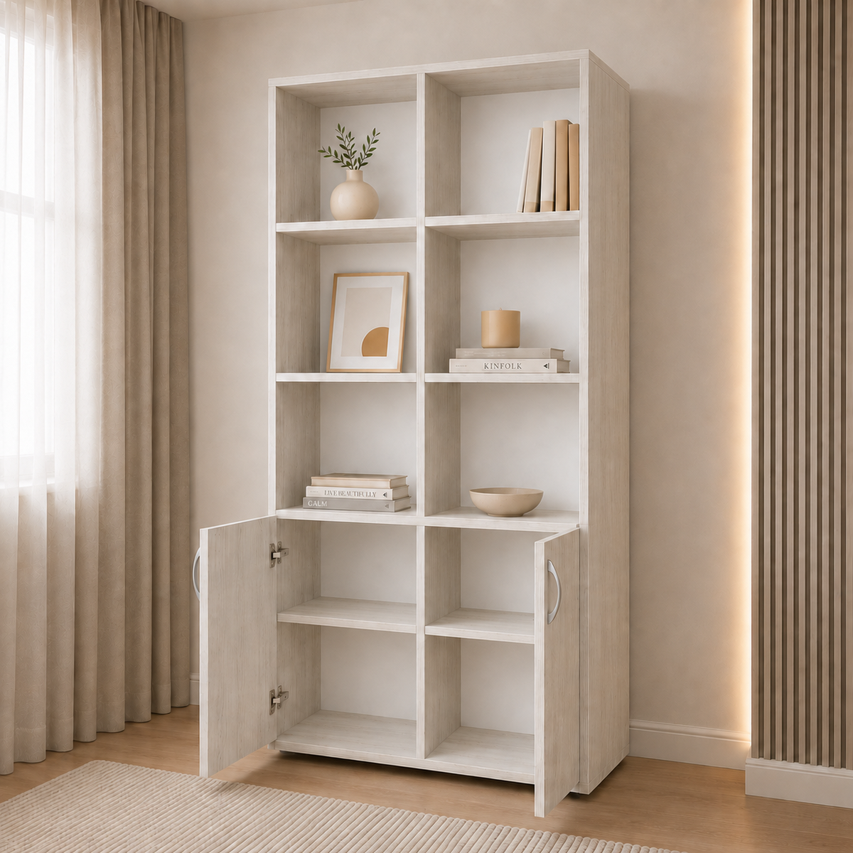 Bibliotecă VARENNA cu 2 uși și 6 rafturi, stejar alb, PAL melaminat, 90x40x190 cm Arboteca