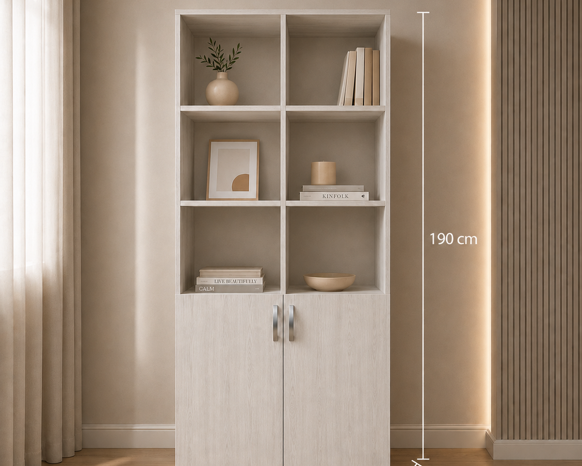 Bibliotecă VARENNA cu 2 uși și 6 rafturi, stejar alb, PAL melaminat, 90x40x190 cm Arboteca