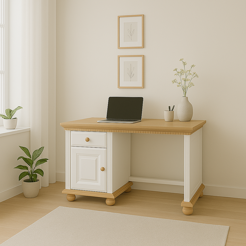 Birou Bavaria din lemn masiv, 120x75x75, Alb- Natur Arboteca