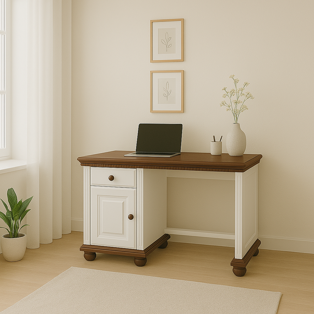 Birou Bavaria din lemn masiv, 120x75x75, Alb/Nuc Arboteca