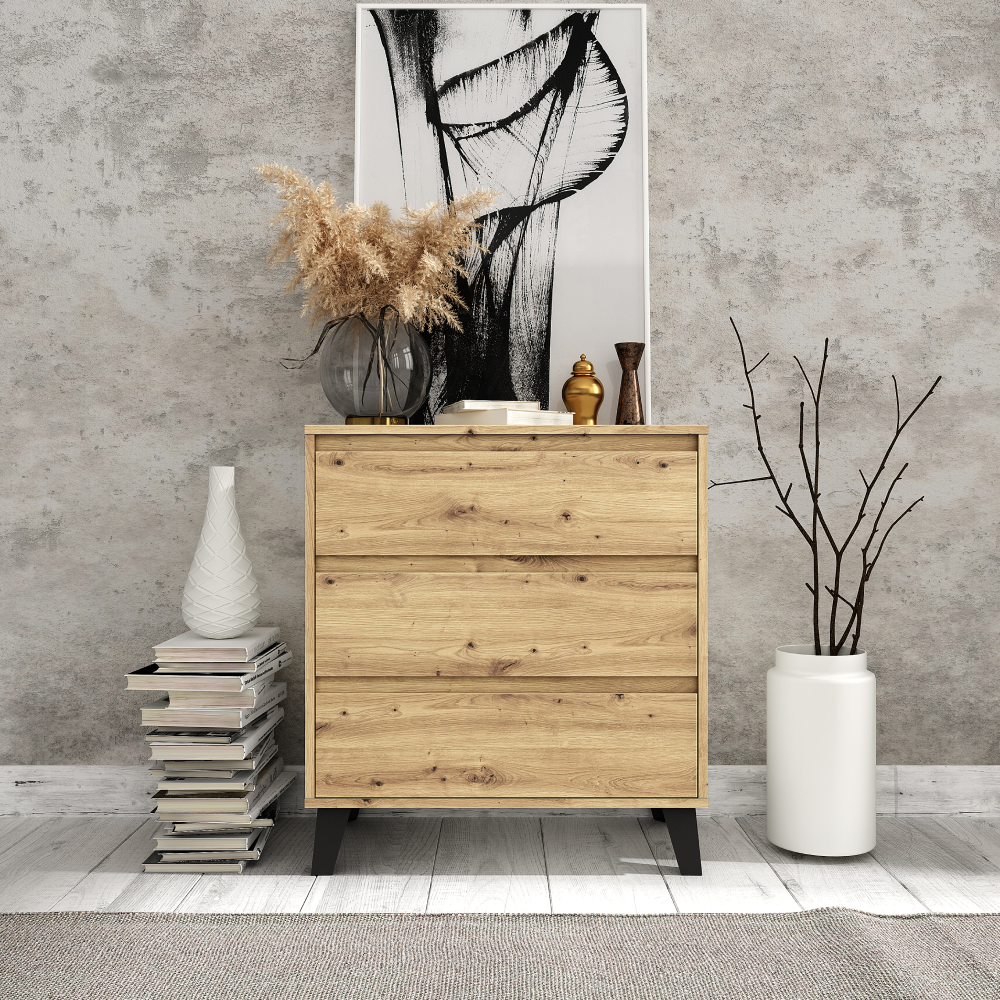 Comodă cu 3 sertare BOGAN NEW, stejar artisan, fără mânere, 70 cm Kondela