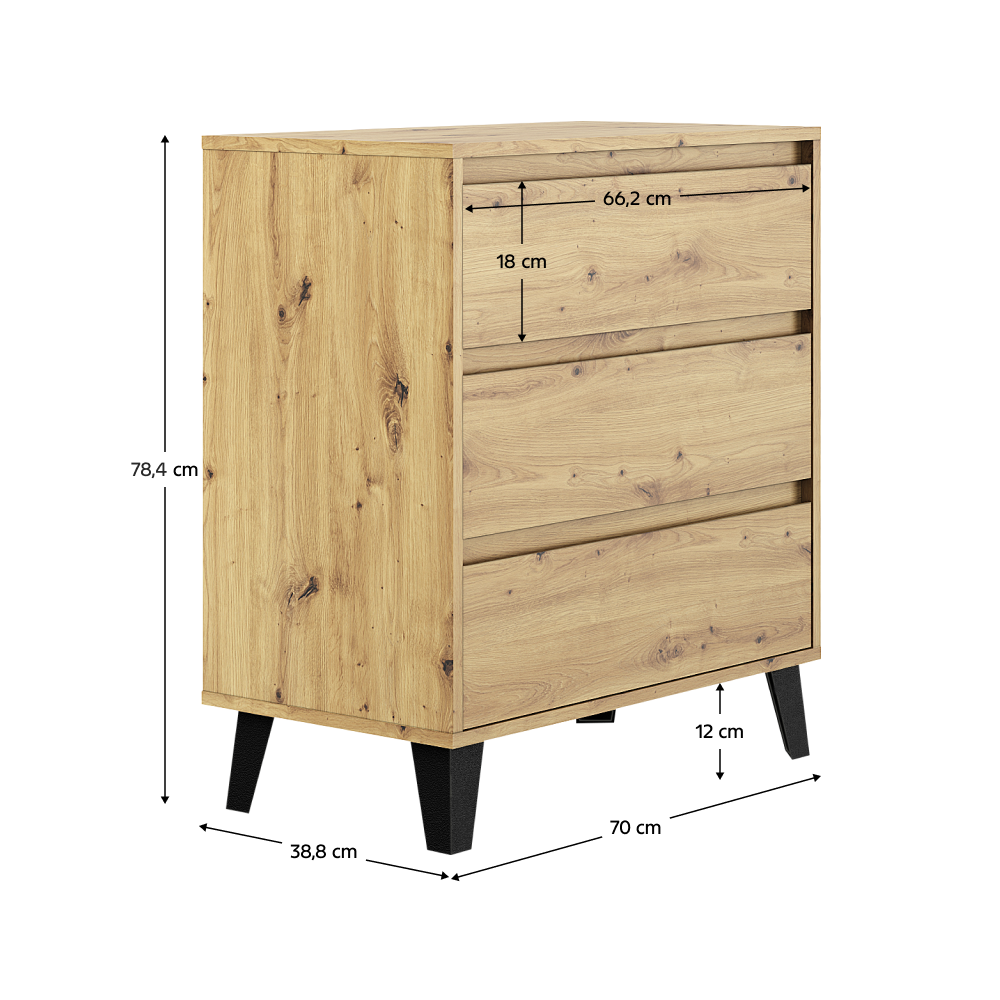 Comodă cu 3 sertare BOGAN NEW, stejar artisan, fără mânere, 70 cm Kondela