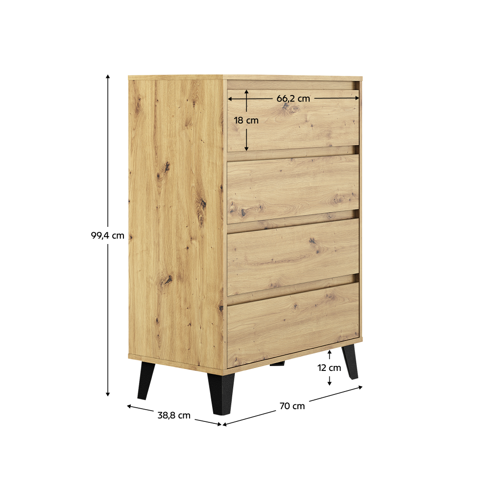 Comodă cu 4 sertare BOGAN NEW, stejar artisan, fără mânere, 70 cm Kondela