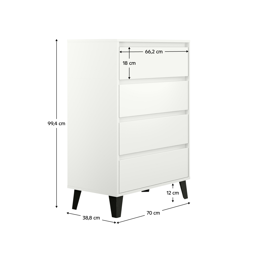 Comodă cu 4 sertare BOGAN NEW, albă, design fără mânere, 70 cm Kondela