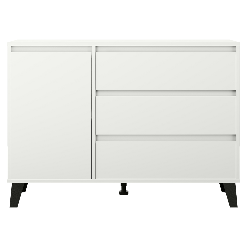 Comodă BOGAN NEW, albă, 1 ușă și 3 sertare, 110 cm Kondela
