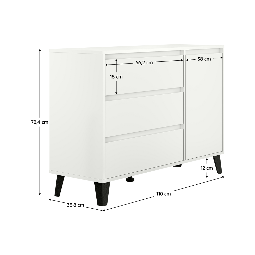 Comodă BOGAN NEW, albă, 1 ușă și 3 sertare, 110 cm Kondela