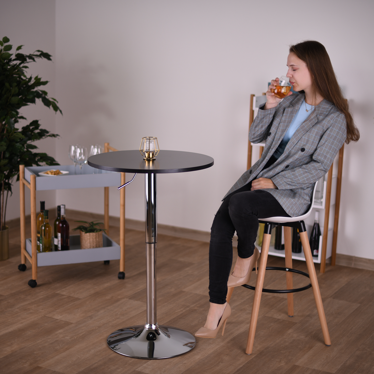 Masă de bar cu înălțime reglabilă LESSAY 2, neagră, diametru 60 cm, 60x60x85.5 cm Kondela