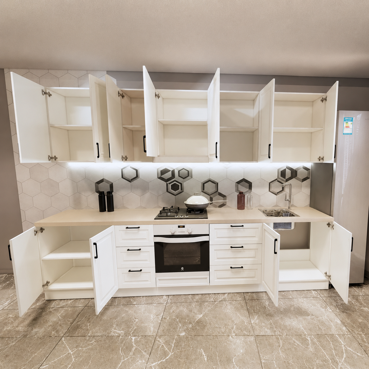 Bucătărie TARRAGONA 3,2 m, alb murdar, fronturi MDF frezat vopsit Arboteca