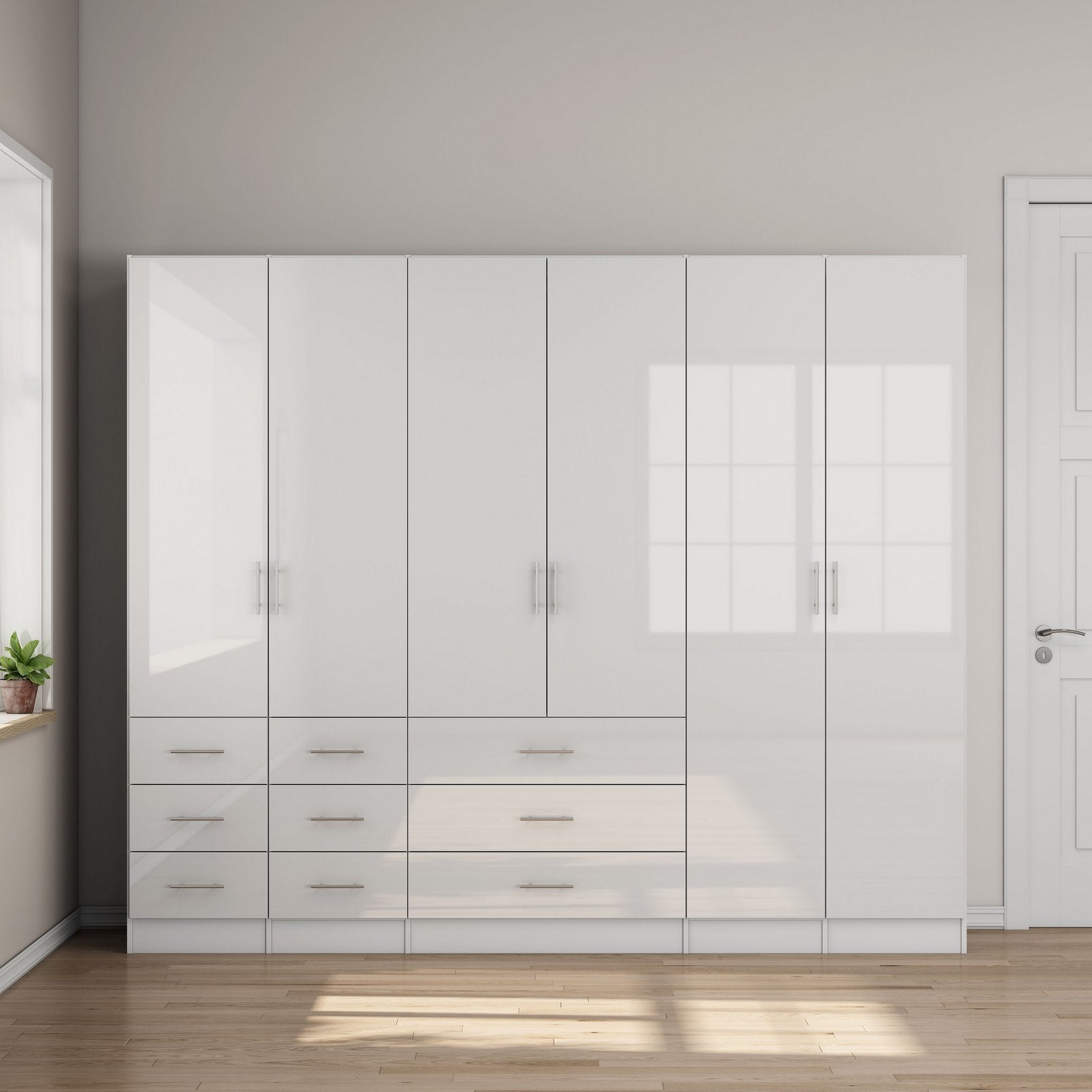 Dulap Trento cu 6 uși și 9 sertare, alb lucios, 240×200×56 cm Arboteca