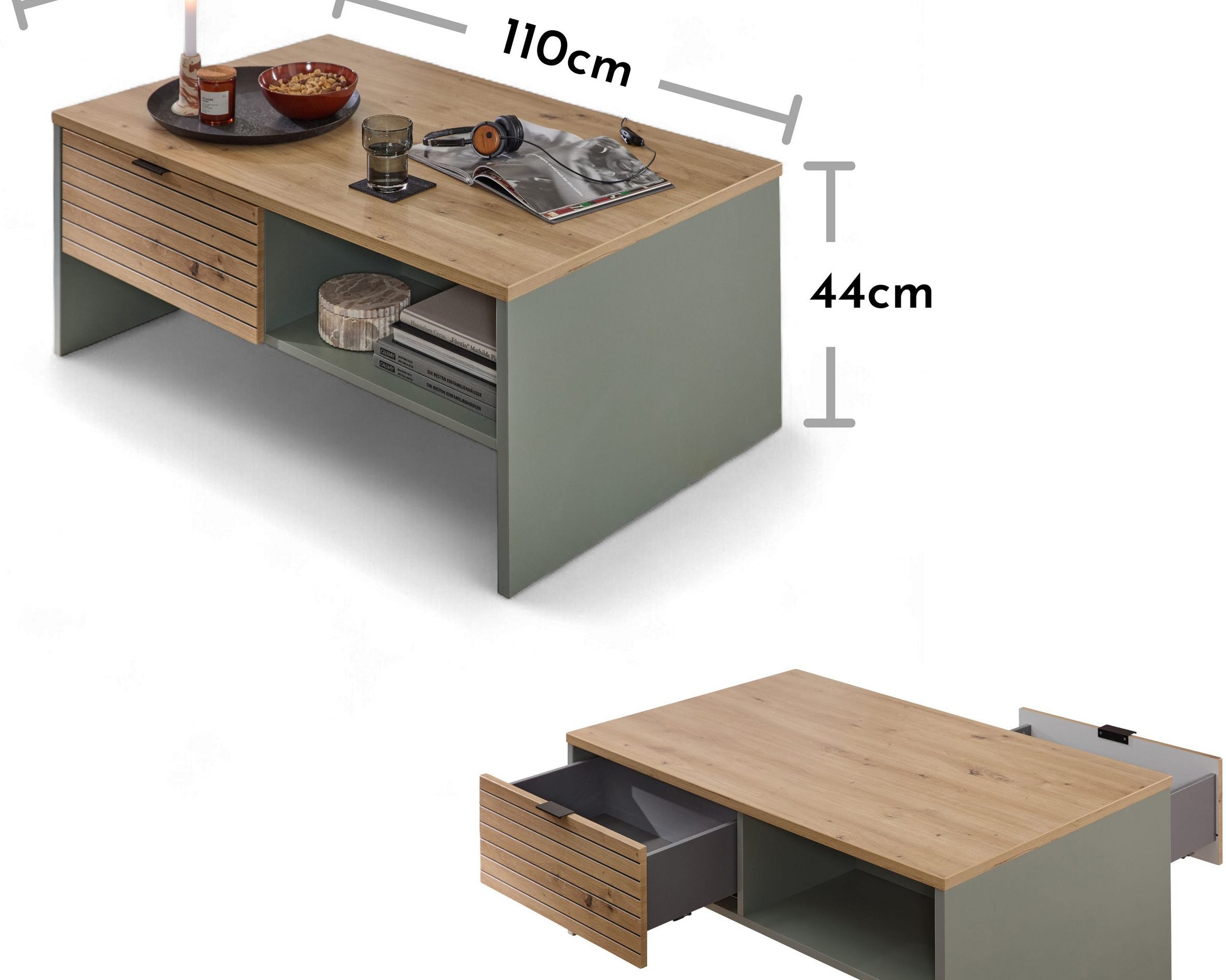 Măsuță de cafea INA, cu sertare și depozitare, PAL, 110×65×44 cm Arboteca