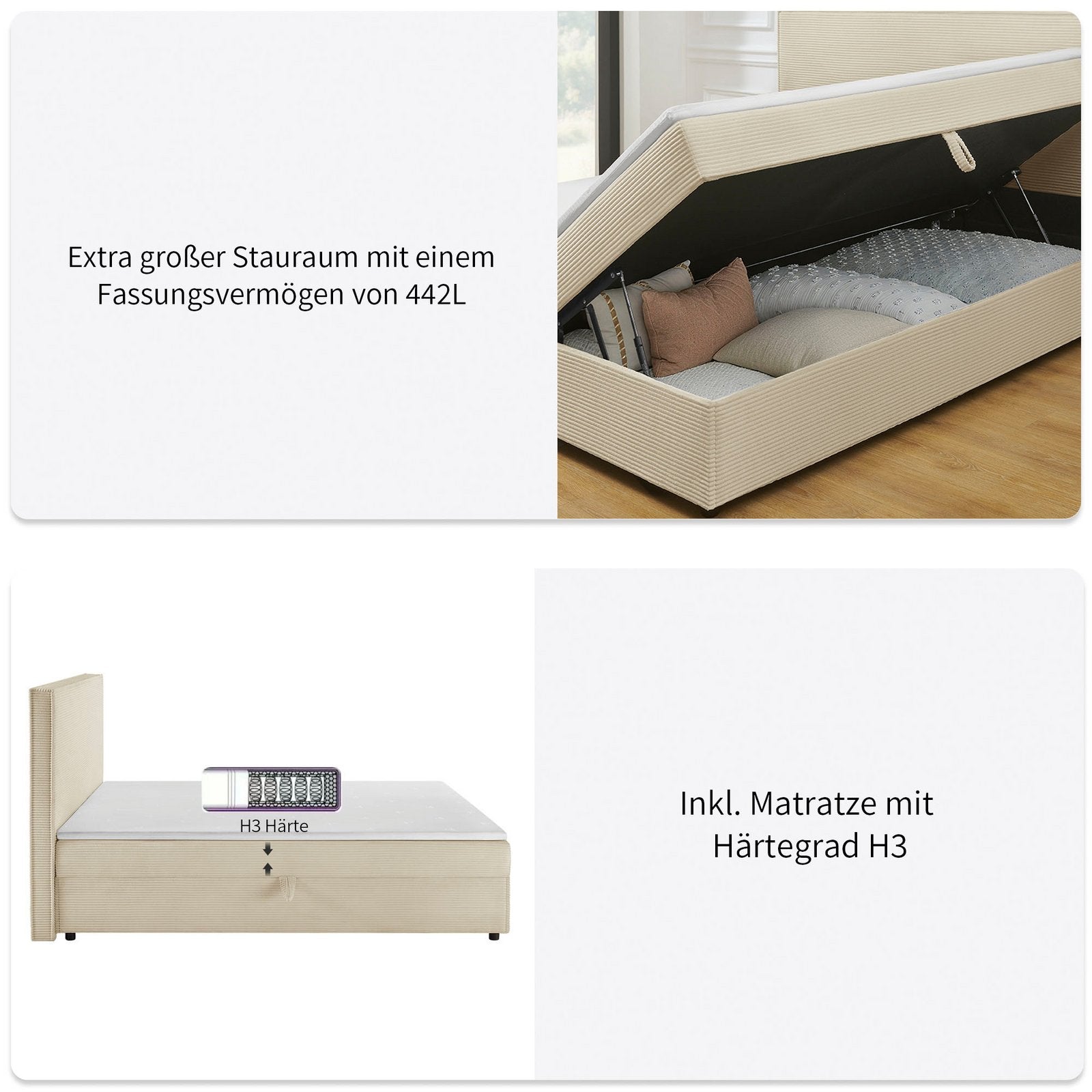 Pat tapițat Eliaas 180×200 din catifea reiată, cu ladă și topper, crem Arboteca