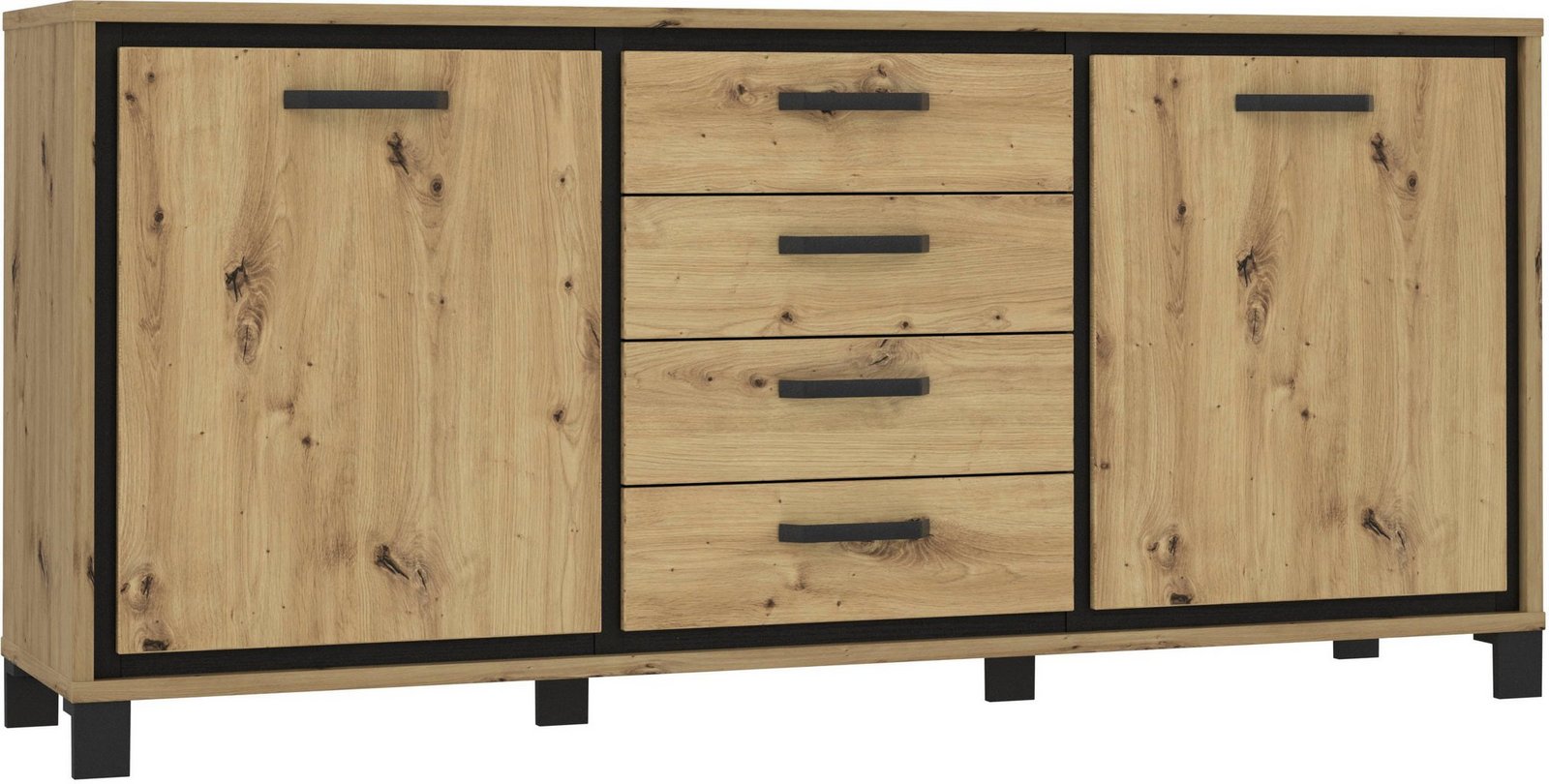 Comodă Sideboard Trondheim cu 2 uși și 4 sertare, negru stejar artisan, 178 cm Arboteca