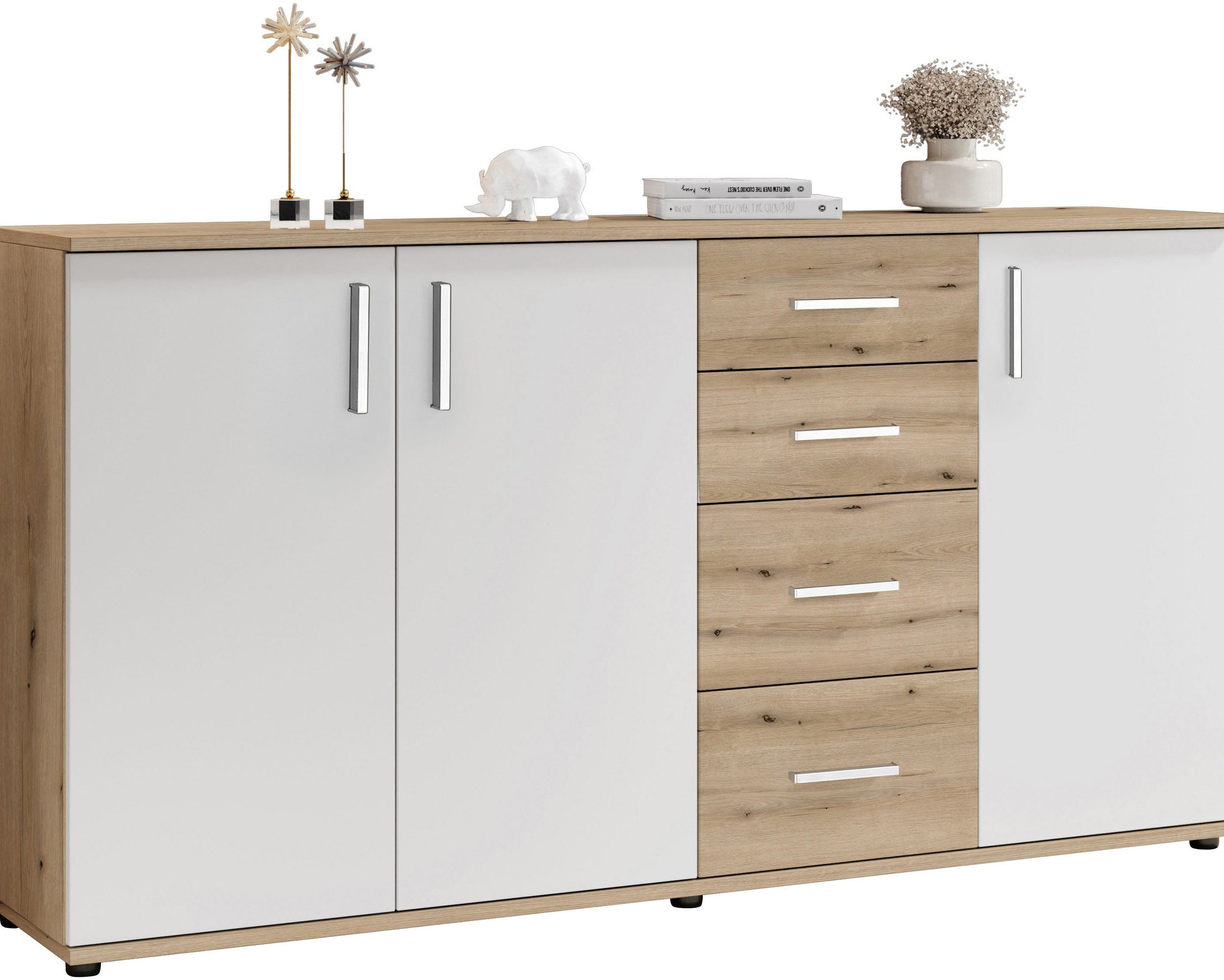 Comodă cu 3 uși și 4 sertare, Stejar Rustica / Alb, 160×84 cm Arboteca