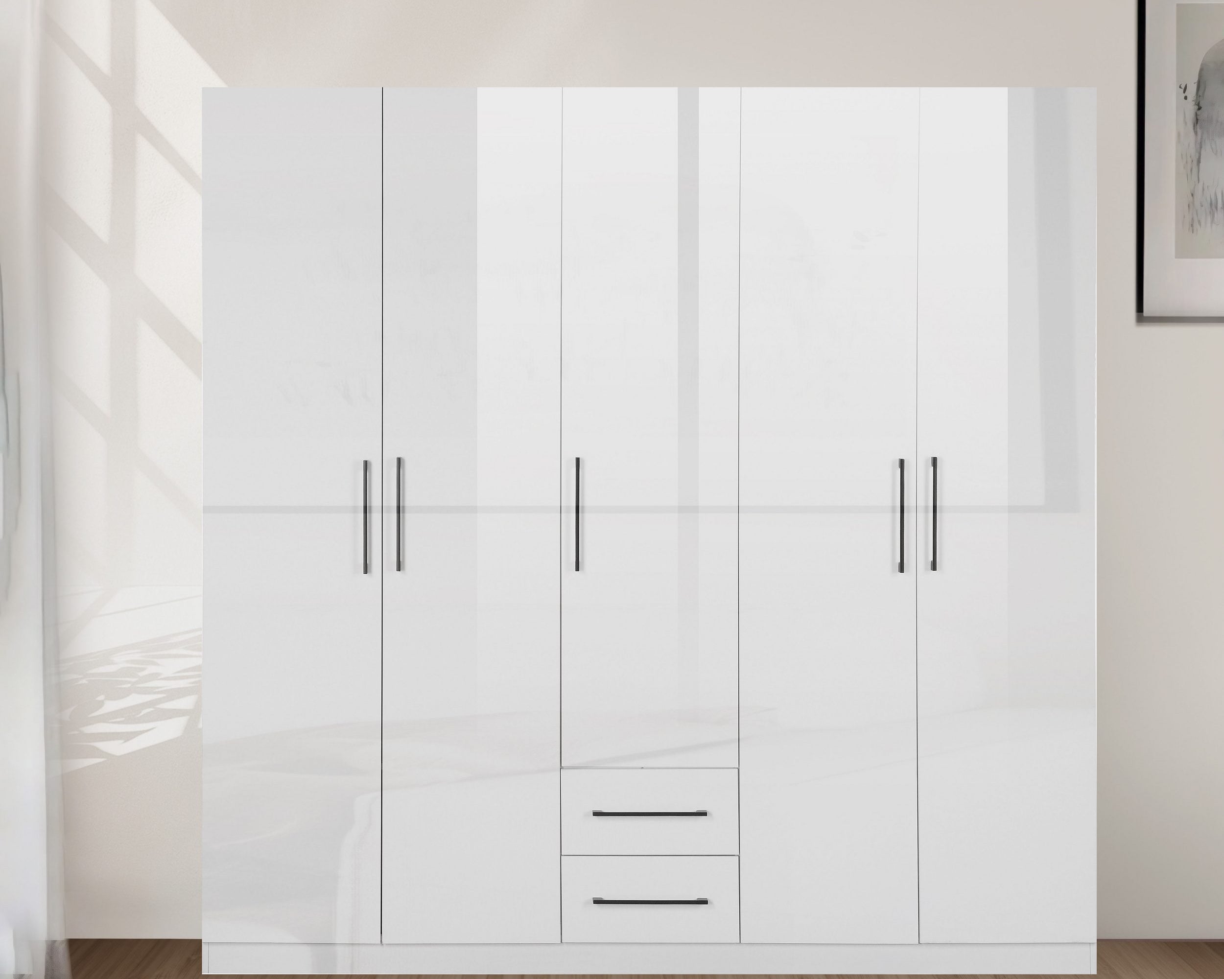 Dulap dormitor Sylt alb lucios, 200 × 200 × 52 cm, 5 uși, PAL Arboteca