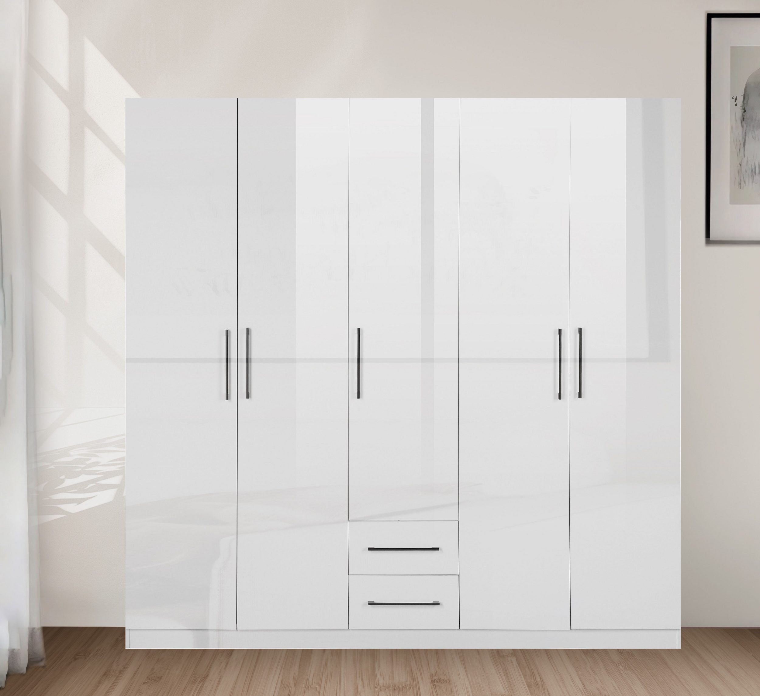 Dulap dormitor Sylt alb lucios, 200 × 200 × 52 cm, 5 uși, PAL Arboteca