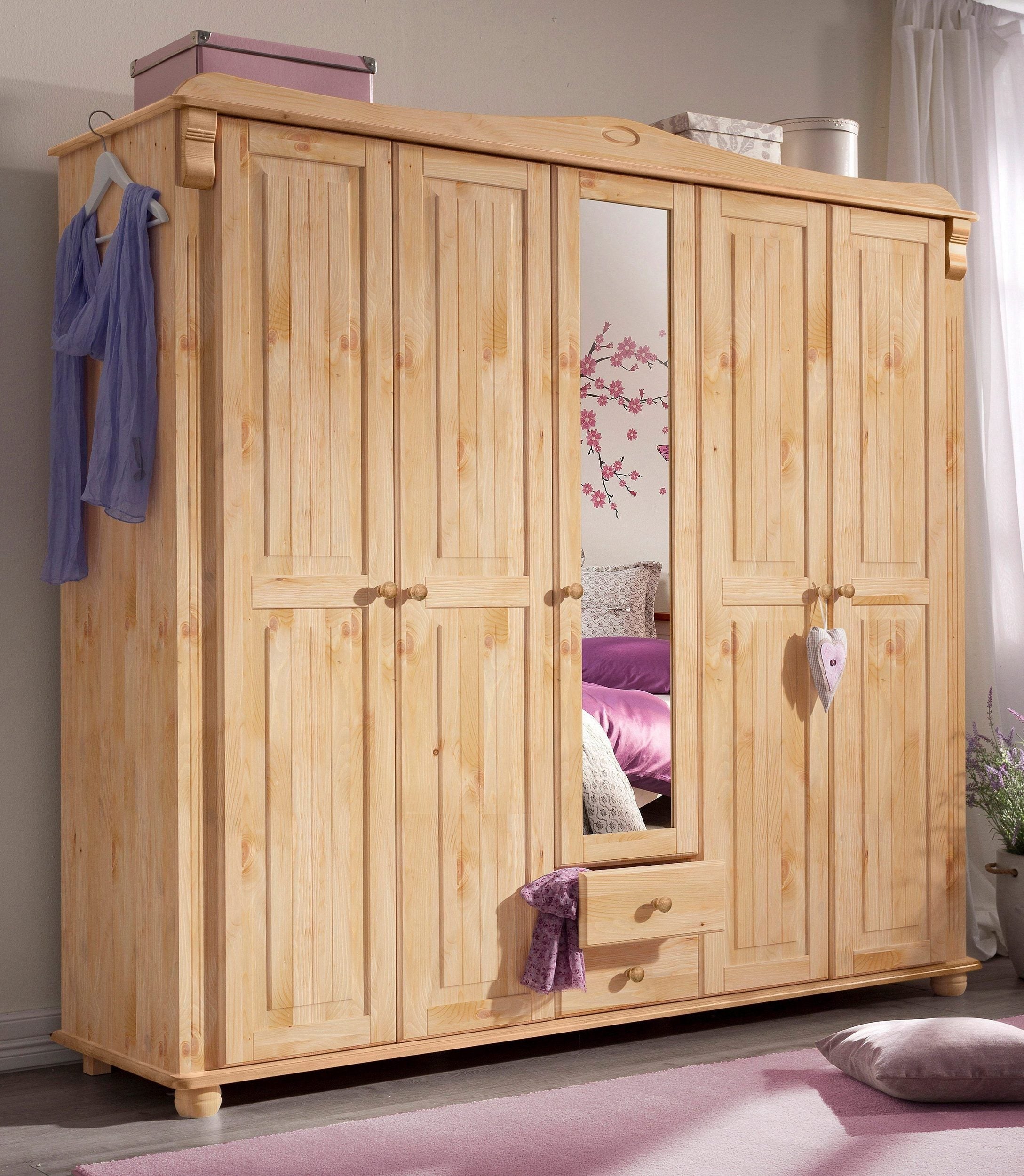 Dulap cu Uși Batante „Adele” – Lemn Masiv de Pin Natur, 207x53,5x191 cm, Stil Rustic Elegant, Cu Rafturi și Șine de Haine Arboteca