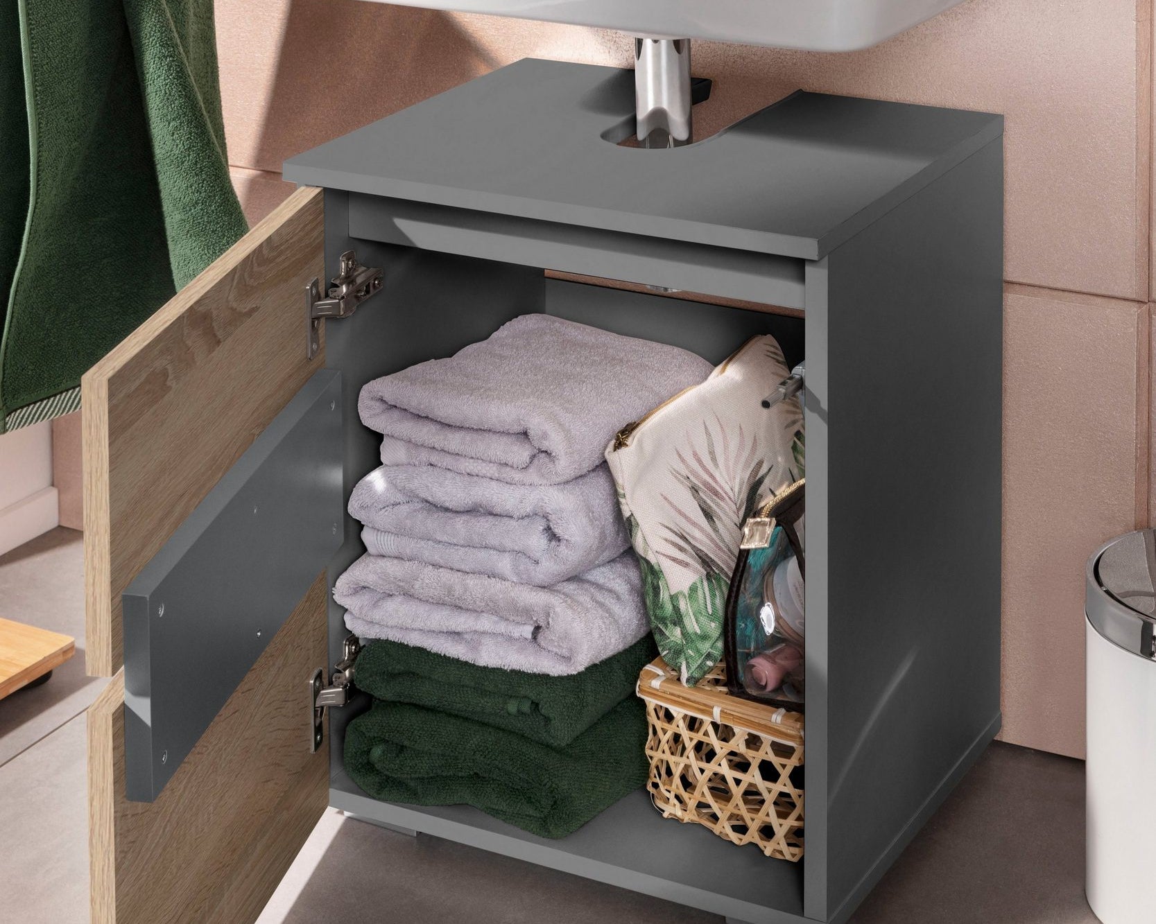 Comoda de baie Wisla din PAL, design fara maner, gri-stejar, 40 cm latime Arboteca