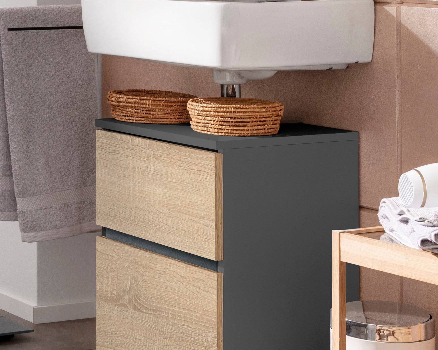 Comoda de baie Wisla din PAL, design fara maner, gri-stejar, 40 cm latime Arboteca