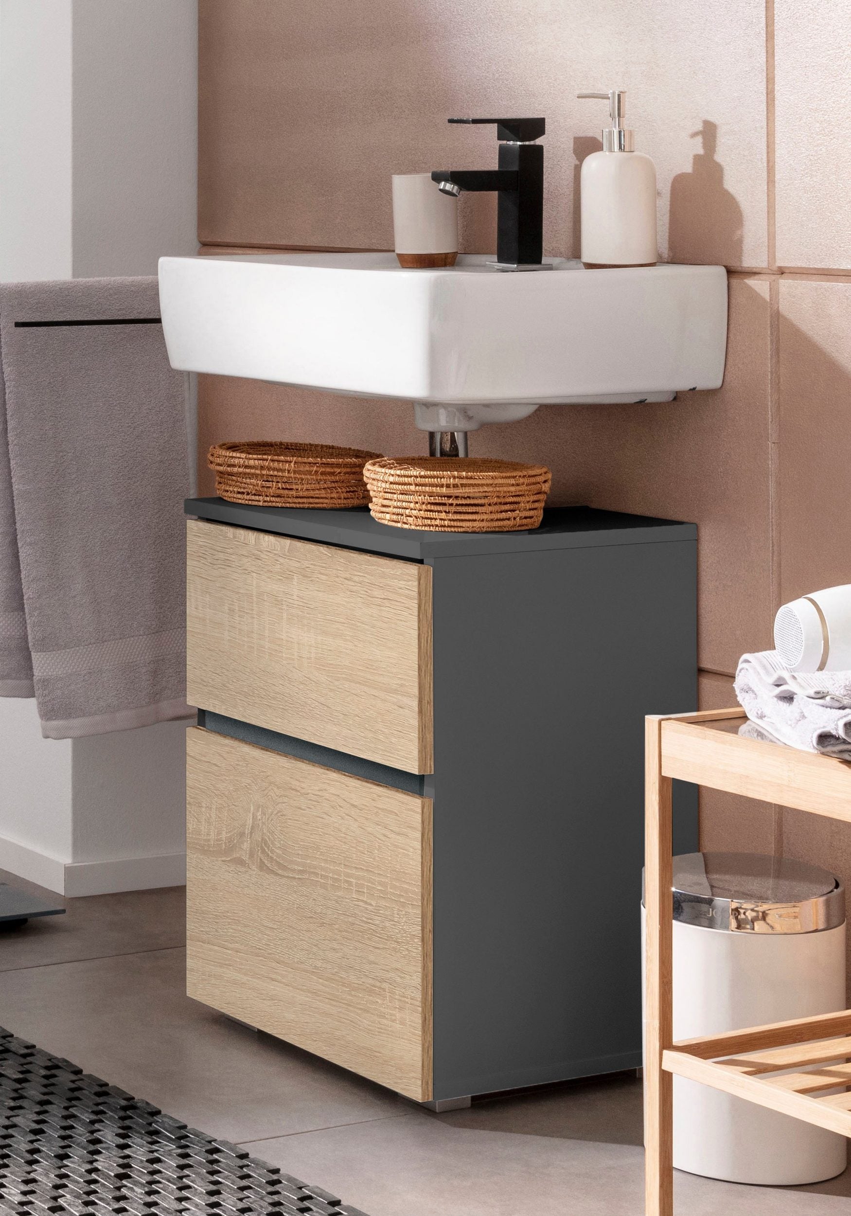 Comoda pentru baie Wisla, Gri-Stejar , 40 cm latime Arboteca