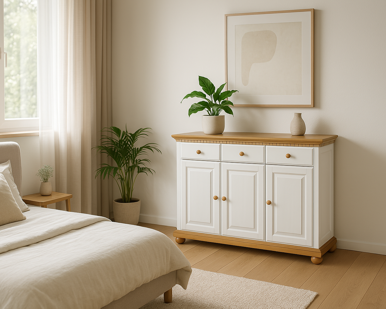 Comoda Bavaria, lemn masiv, Alb-Natur, 130 cm Arboteca