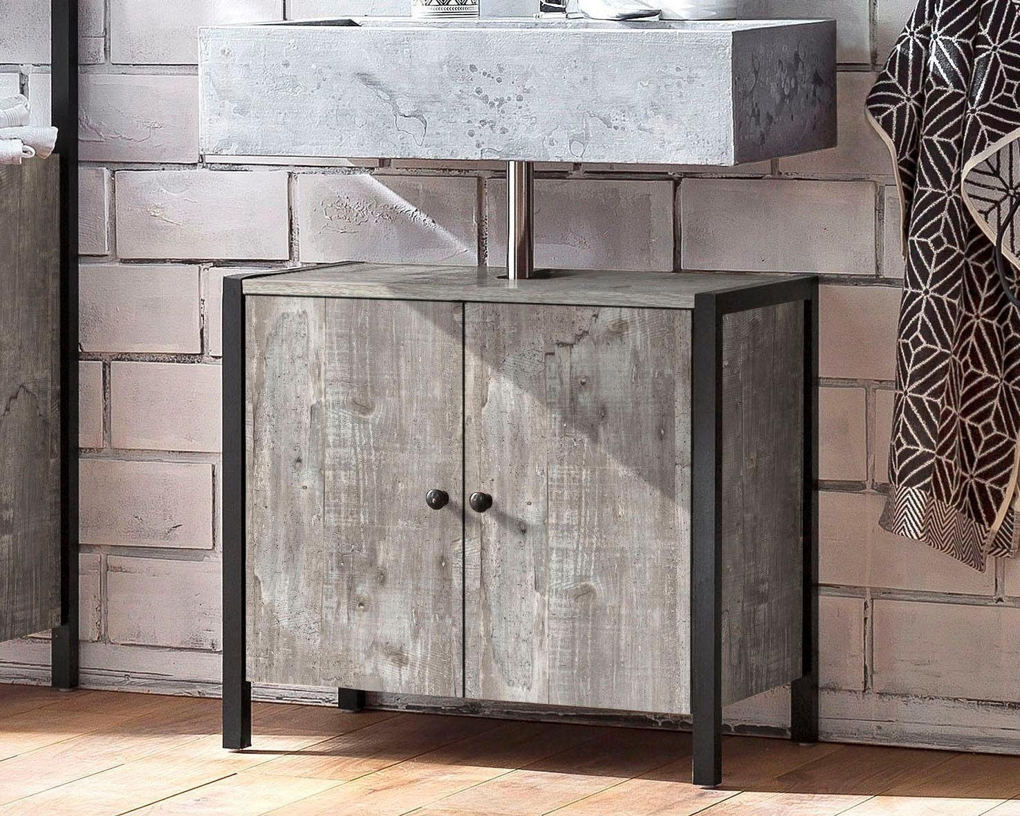 Comoda de baie pentru chiuveta Criss din lemn, cu manere negre, beton colorat, 61 cm Arboteca