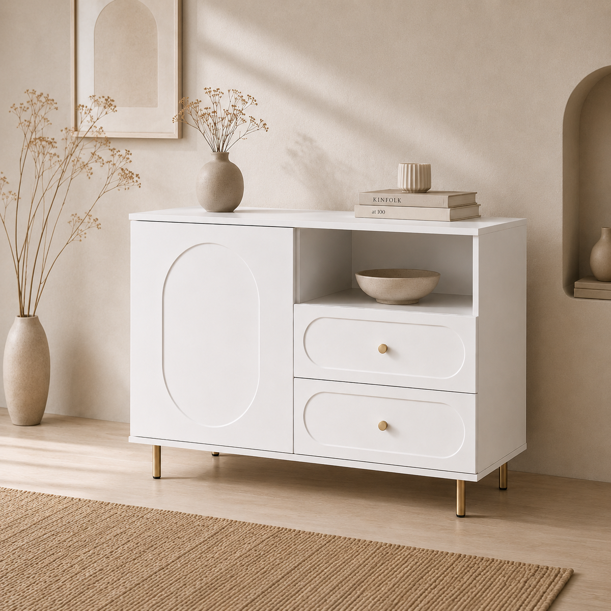 Comodă CORTONA albă cu 1 ușă și 2 sertare, MDF frezat oval vopsit, 105x40x80 cm Default Title Arboteca