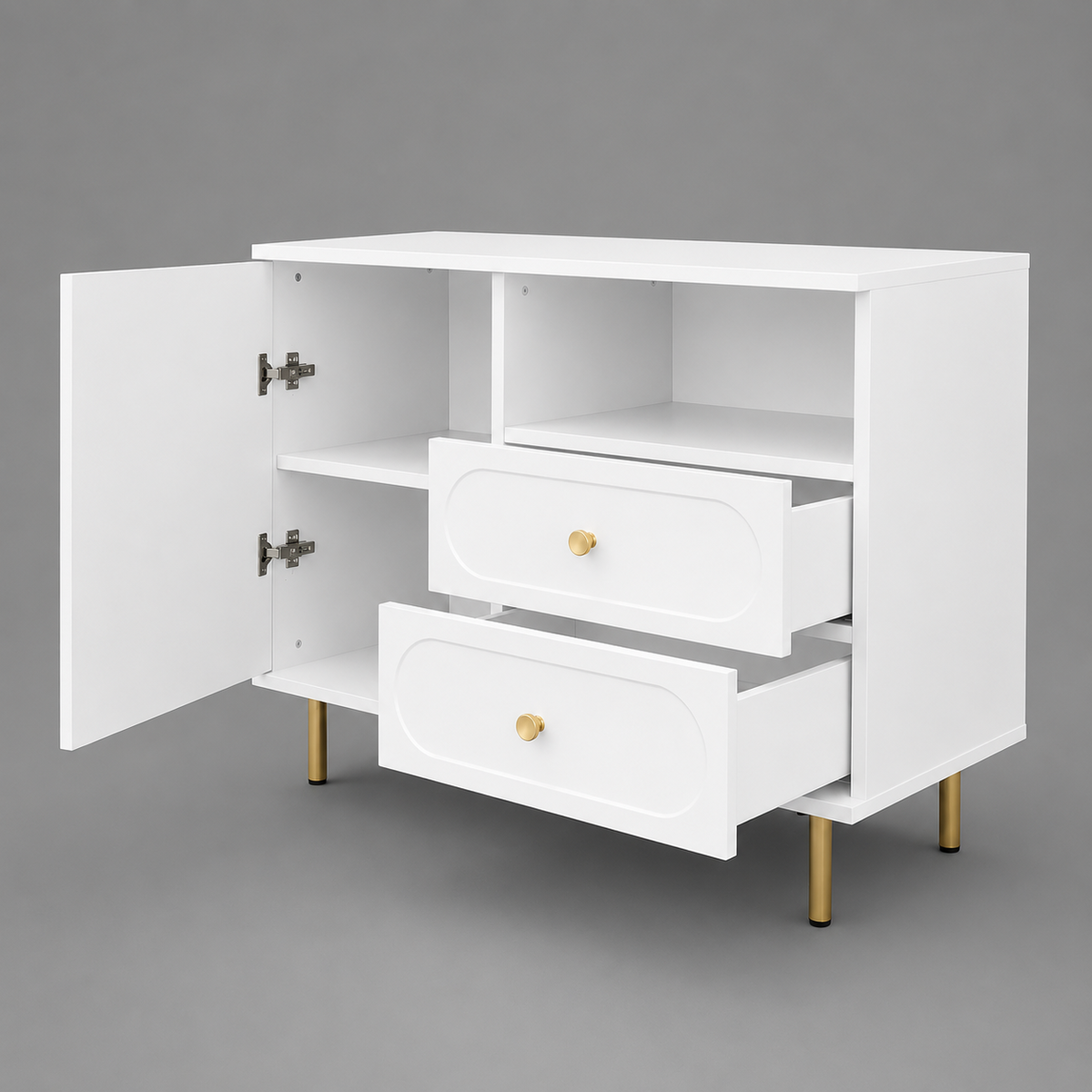 Comodă CORTONA albă cu 1 ușă și 2 sertare, MDF frezat oval vopsit, 105x40x80 cm Arboteca
