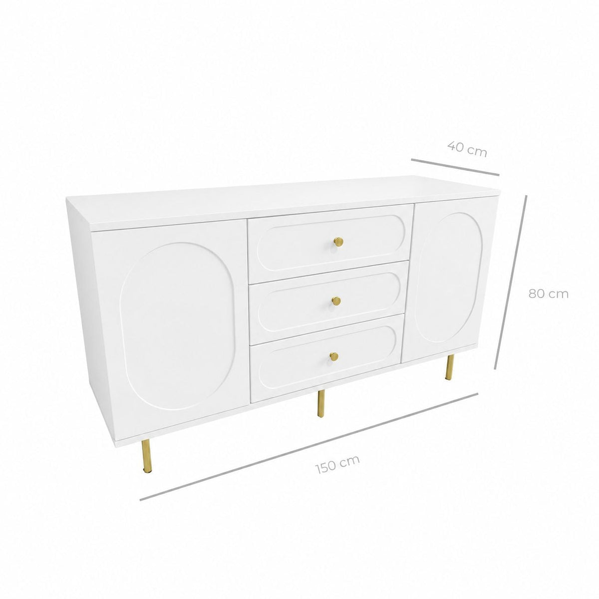 Comodă CORTONA albă cu 3 sertare și 2 uși, MDF frezat oval vopsit, 150x40x80 cm Arboteca