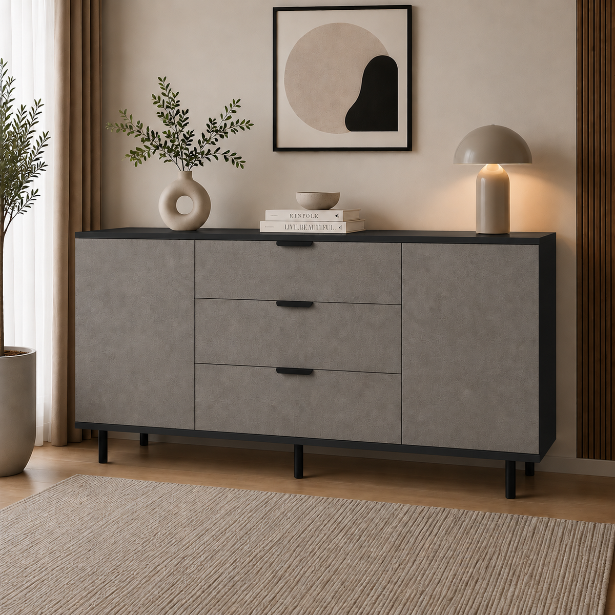 Comodă MARATEA cu corp negru, 3 sertare și 2 uși, fronturi MDF mat cu aspect de piatră, 150x40x80 cm Default Title Arboteca