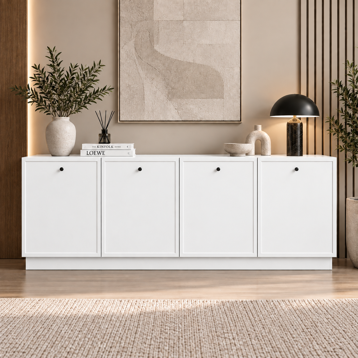 Comodă MORAIRA albă 200 cm, fronturi MDF vopsit frezat, 200x40x80 cm Arboteca