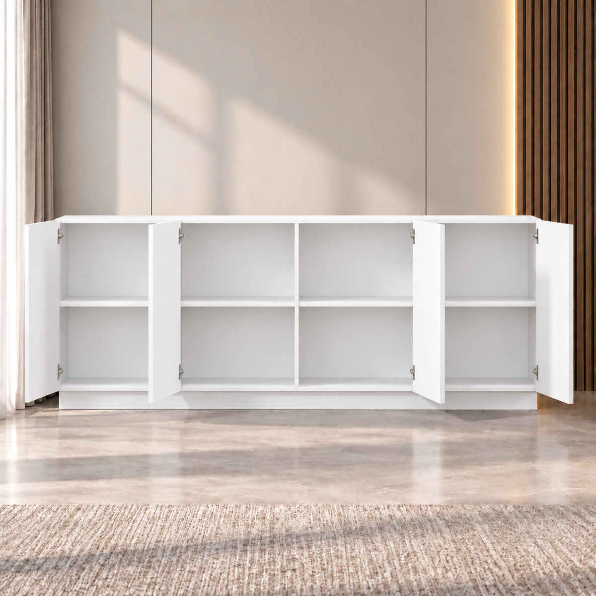 Comodă MORAIRA albă 200 cm, fronturi MDF vopsit frezat, 200x40x80 cm Arboteca
