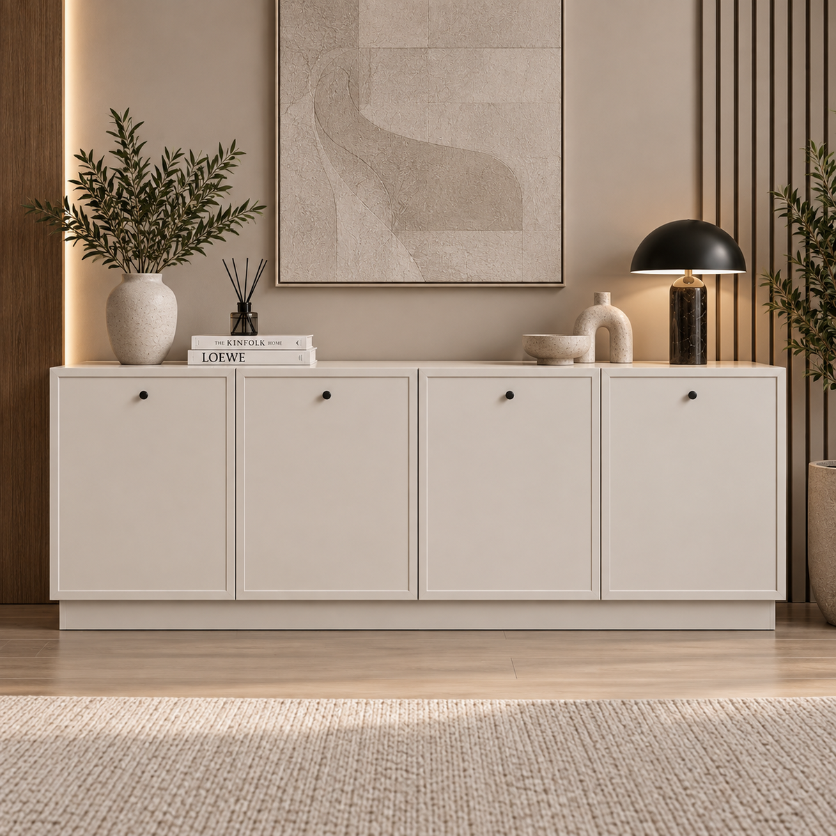 Comodă MORAIRA casmir deschis 200 cm, fronturi MDF vopsit frezat, 200x40x80 cm Arboteca