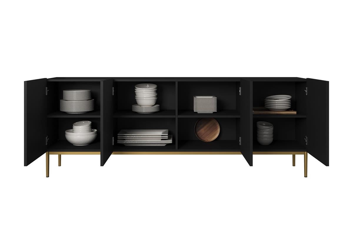 Comoda Nicole din pal, MDF si metal, cu 4 usi, 200 cm latime , Negru-Auriu Arboteca