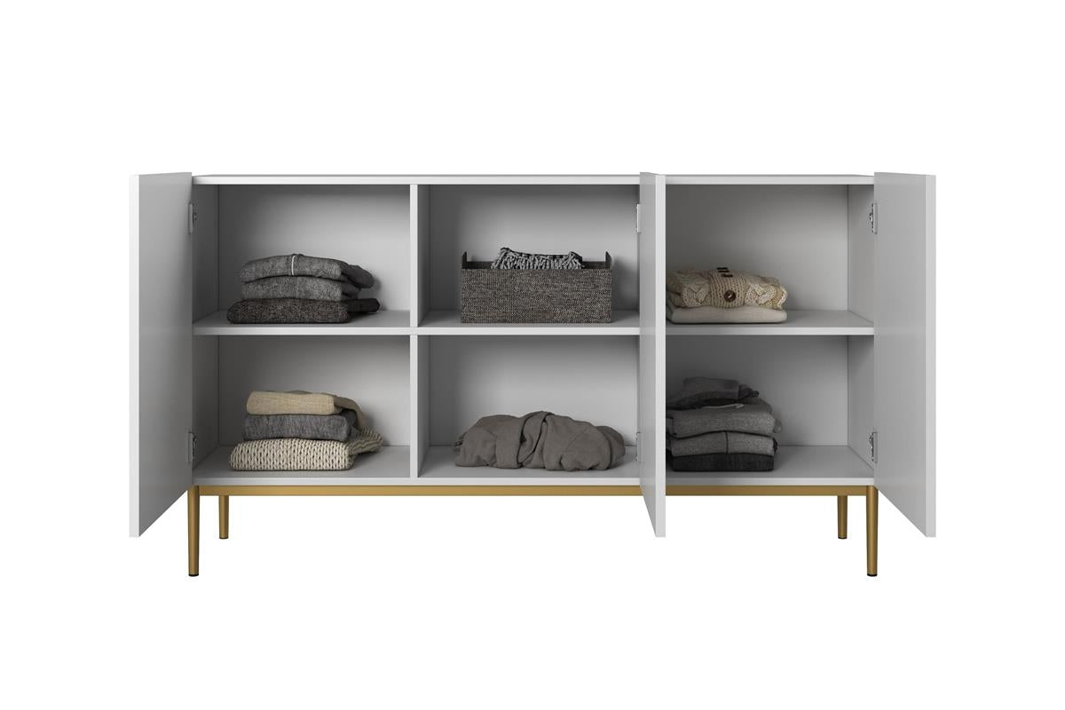 Comoda Nicole din pal, MDF si metal, cu 3 usi, 150 cm latime , Alb-Auriu Arboteca