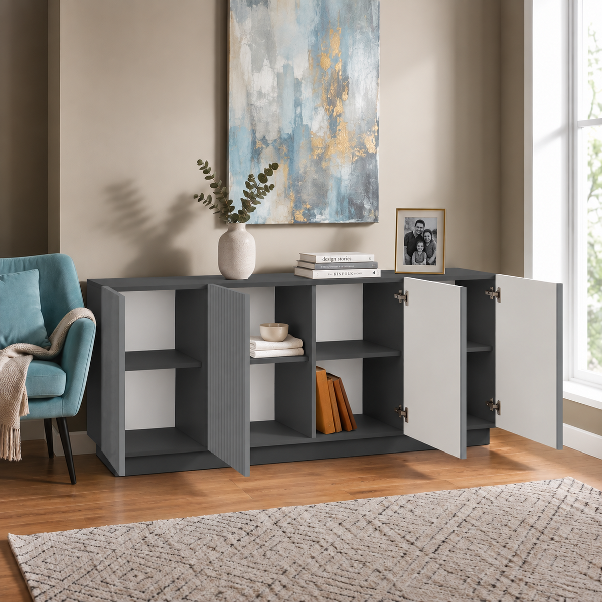 Comodă POLLENSA antracit 200 cm, fronturi MDF riflat vopsit, 200x40x80 cm Arboteca