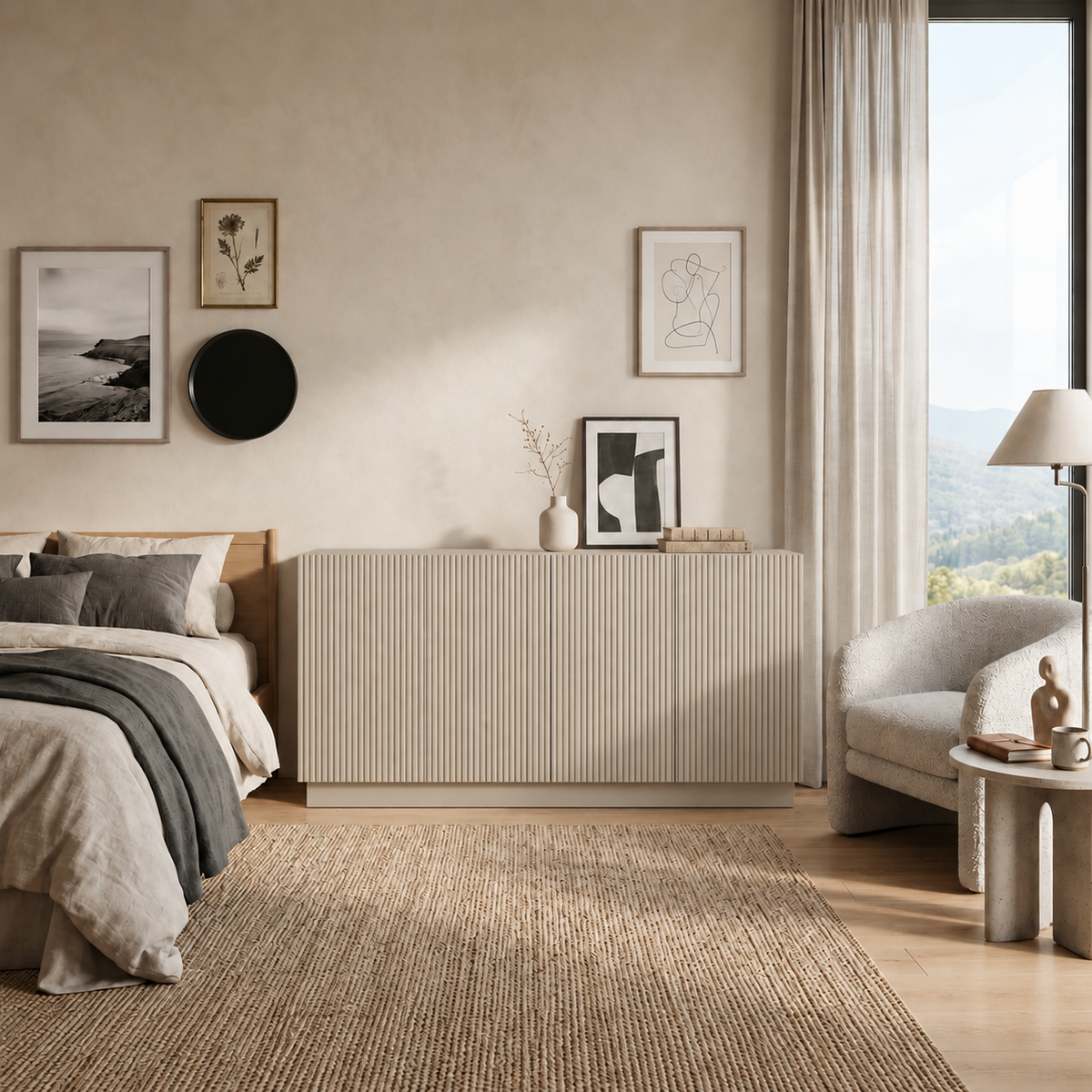 Comodă POLLENSA casmir deschis 200 cm, fronturi MDF riflat vopsit, 200x40x80 cm Arboteca