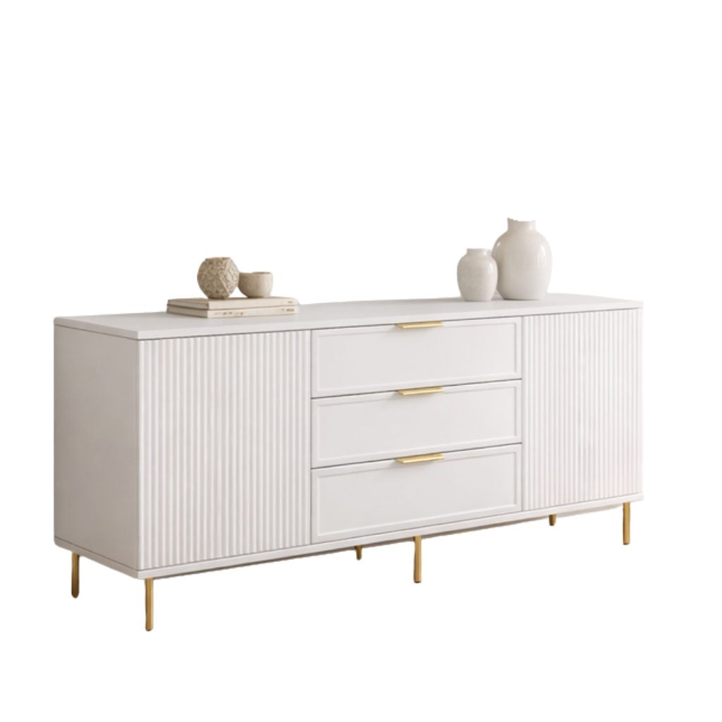 Comodă PORTOFINO albă cu 3 sertare și 2 uși, MDF vopsit mat, 150x40x80 cm Arboteca