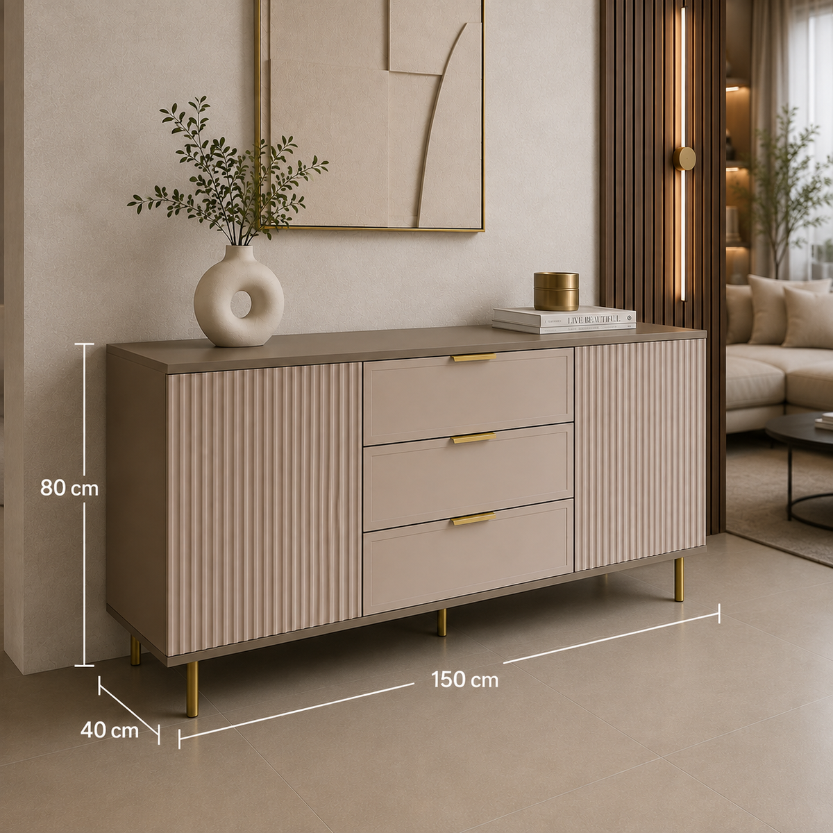 Comodă PORTOFINO cașmir bazalt cu 3 sertare, MDF vopsit, 150x40x80 cm Arboteca