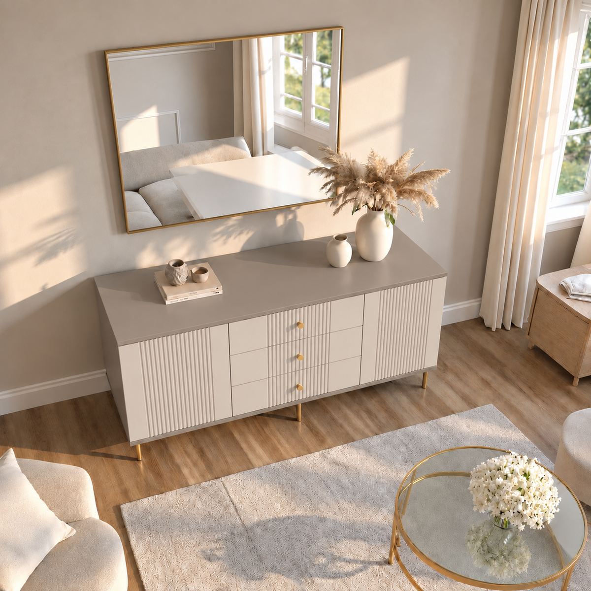 Comodă RAVELLO cașmir bazalt cu 3 sertare și 2 uși, fronturi riflate, 150x40x80 cm Arboteca