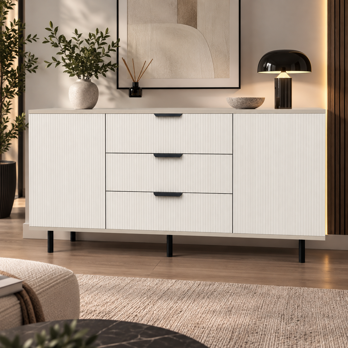 Comodă TERRACINA cu corp cașmir deschis, 3 sertare și 2 uși, fronturi MDF albe, 150x40x80 cm Default Title Arboteca