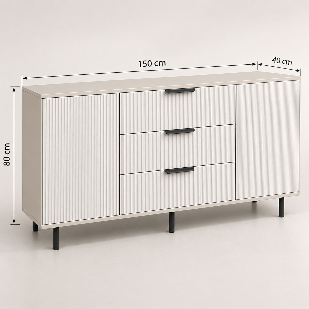 Comodă TERRACINA cu corp cașmir deschis, 3 sertare și 2 uși, fronturi MDF albe, 150x40x80 cm Arboteca