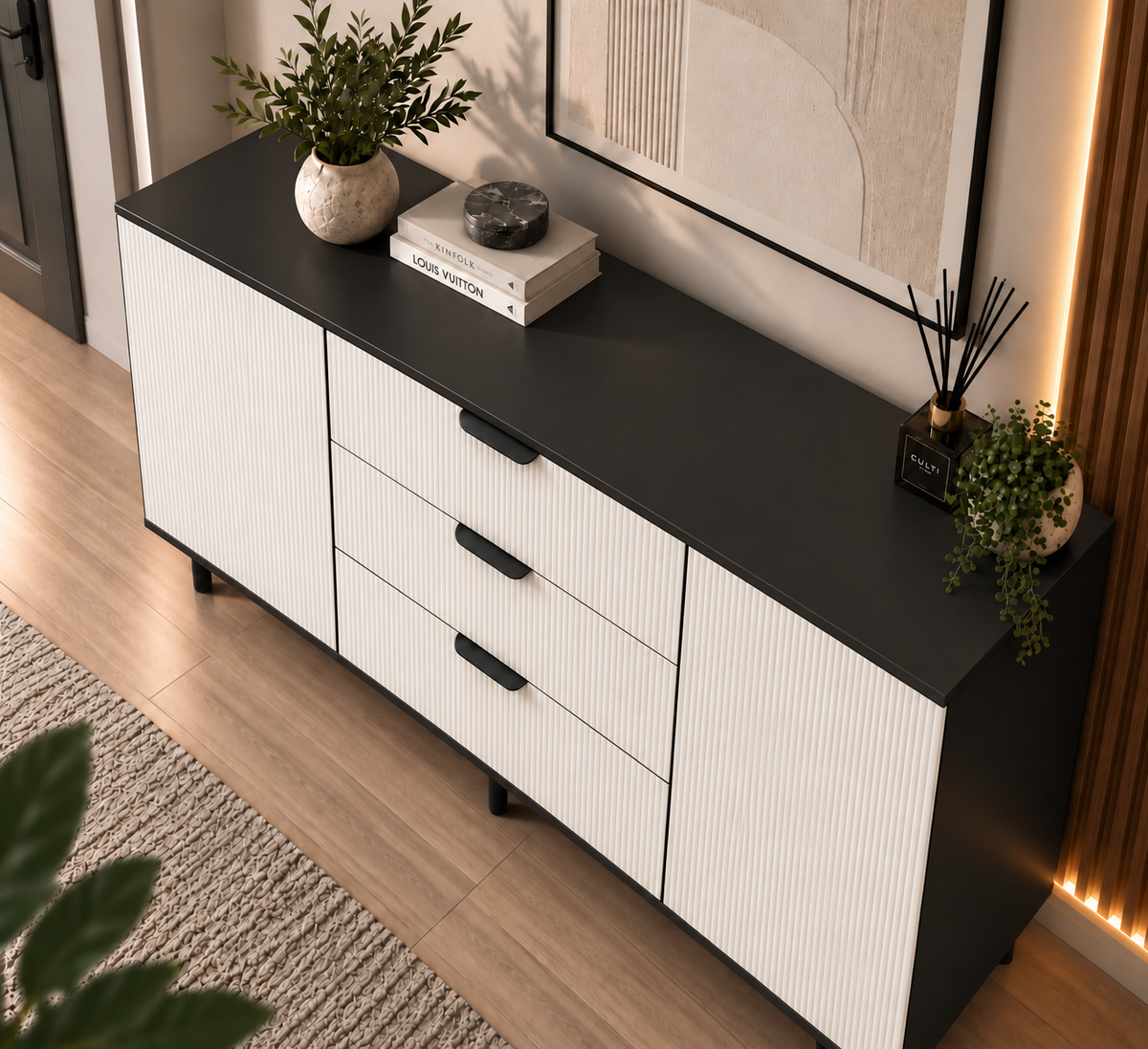 Comodă TERRACINA cu corp negru, 3 sertare și 2 uși, fronturi MDF albe, 150x40x80 cm Arboteca