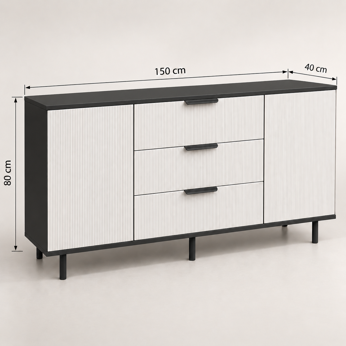 Comodă TERRACINA cu corp negru, 3 sertare și 2 uși, fronturi MDF albe, 150x40x80 cm Arboteca