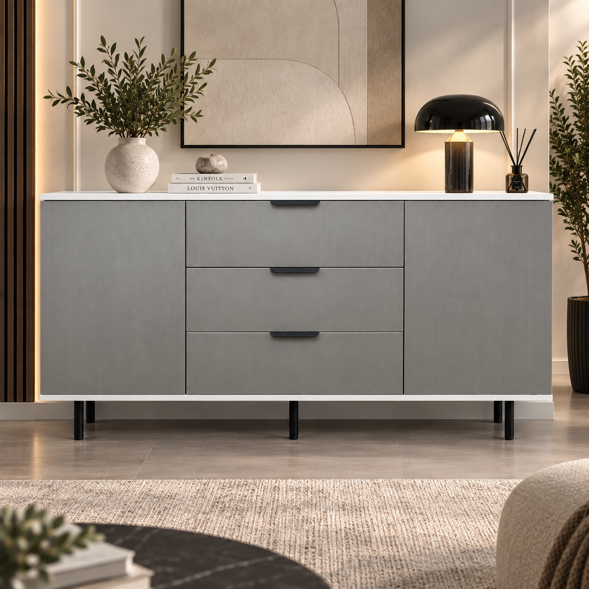 Comodă TERRACINA cu corp alb, 3 sertare și 2 uși, fronturi MDF melaminat gri, 150x40x80 cm Default Title Arboteca