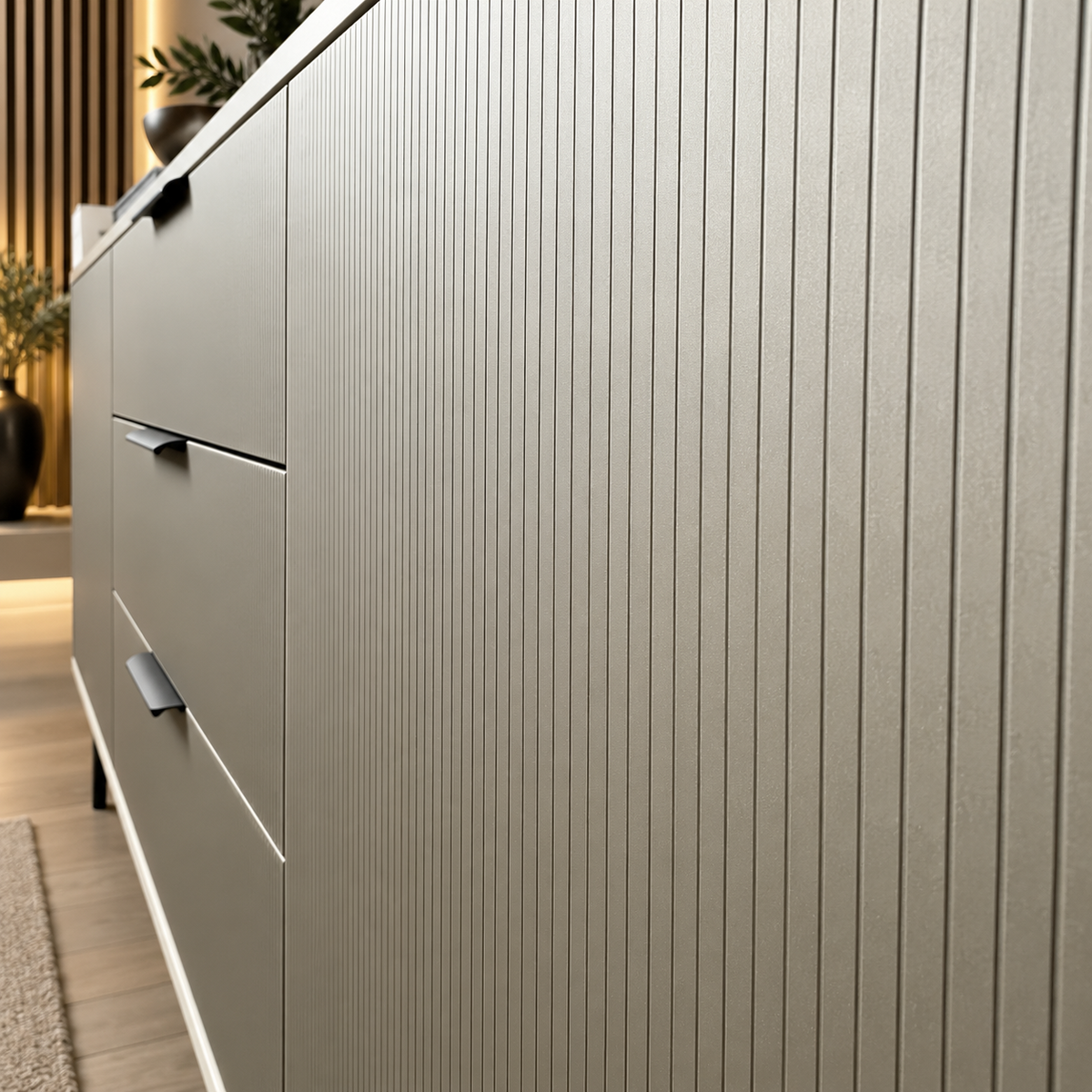 Comodă TERRACINA cu corp casmir deschis, 3 sertare și 2 uși, fronturi MDF melaminat gri, 150x40x80 cm Arboteca