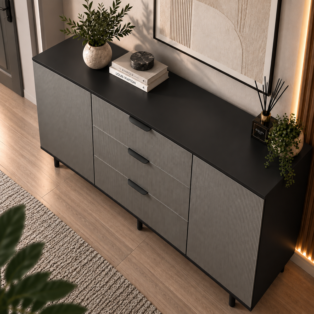 Comodă TERRACINA cu corp negru, 3 sertare și 2 uși, fronturi MDF melaminat gri, 150x40x80 cm Arboteca