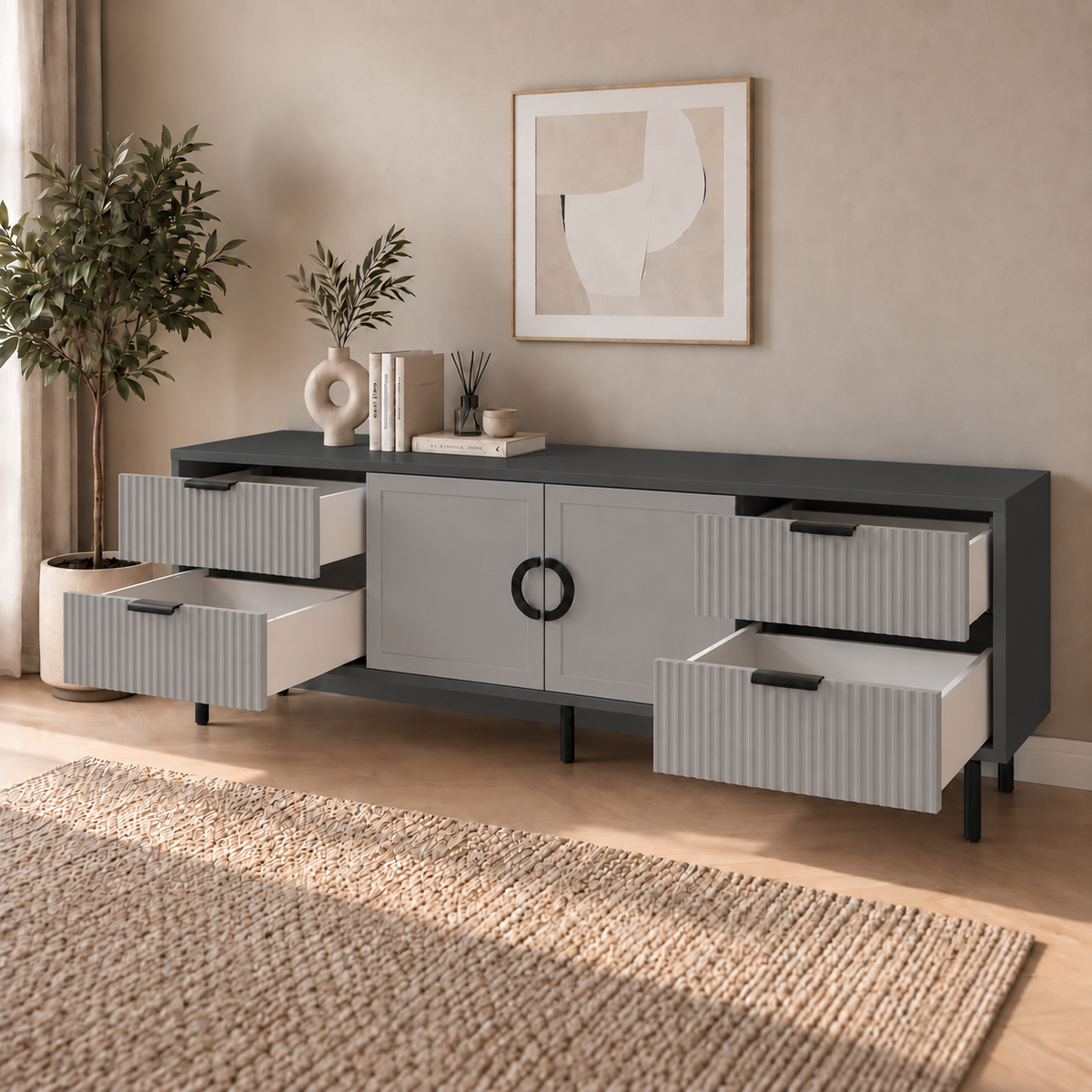 Comodă TV CASARES antracit cu 2 uși și 4 sertare, MDF riflat vopsit, 200x42x58 cm Arboteca