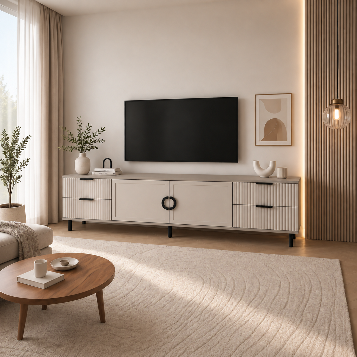 Comodă TV CASARES casmir bazalt cu 2 uși și 4 sertare, MDF riflat vopsit, 200x42x58 cm Arboteca