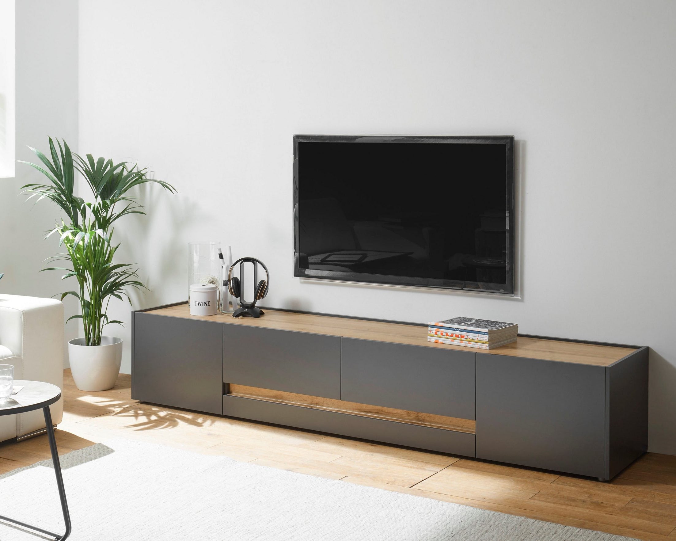 Comodă TV Giron 220 cm, gri, 2 uși și 2 sertare Arboteca