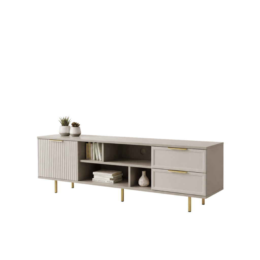 Comodă TV PORTOFINO cașmir bazalt cu 1 ușă riflată și 2 sertare, MDF vopsit, 150x40x56 cm Arboteca
